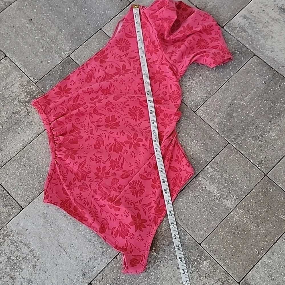 Free People Pink Floral Thong Bodysuit Sz S Ruched on Both Sides - Picture 6 of 11